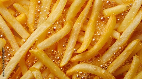 A close up image of french fries frying in hot oil. Bubbles of oil are rising around the fries, indicating that they are being cooked. The fries are golden brown and appear to be cooked. Generative AI