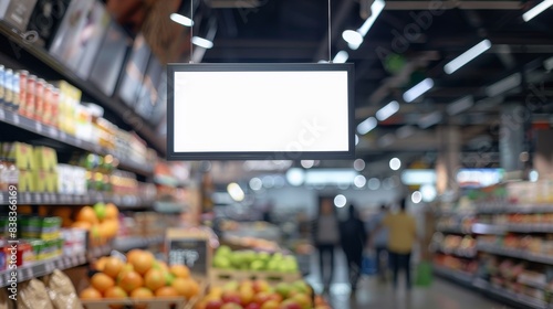 A large empty white sign hangs in the middle of a grocery store aisle. Blank billboard.