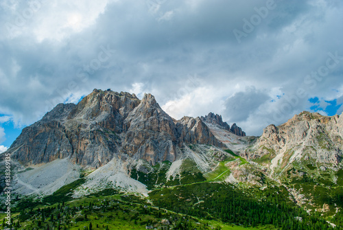 the Falzarego Pass in the Dolomites dominated by the 3000 m of Mount Lagazuoi