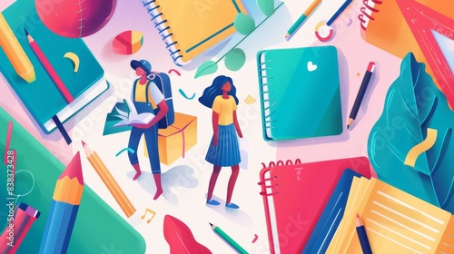 A vibrant flat illustration of students surrounded by books, notes and stationery, symbolizing the diversity in the education system, back to school, school supplies, pencils, notpads