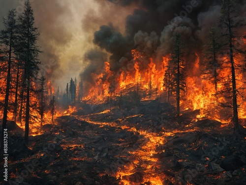 Forest fire inferno or wildfire, dramatic and harrowing scene of a wildfire tearing through a dense forest, consuming trees and leaving a charred landscape in its wake.