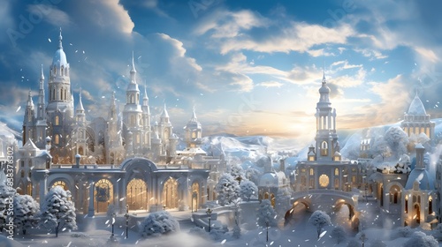Panorama of beautiful winter city with snow covered trees and houses.