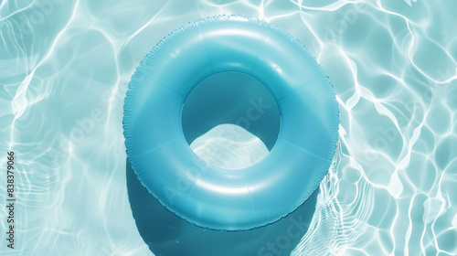 Top view of aesthetic light blue inflatable ring on crystal pool water backdrop. Luxurious relaxation. Generative AI