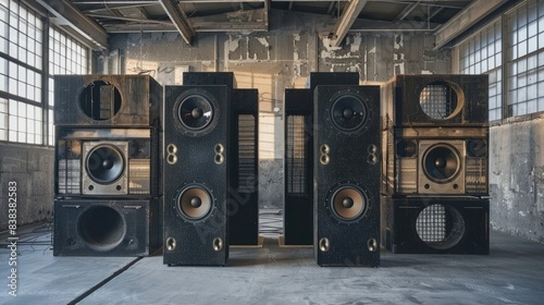 A photo shows large speakers and two sound actress boxes with glass windows in an industrial space. The entire setup is made from concrete, metal, wood and black plastic,