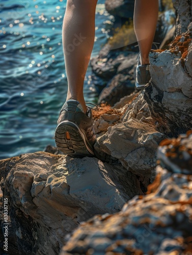 personne faisant une randonnÃ©e avec des chaussures de marche en bord de mer sur un sentier littoral hyper realistic 