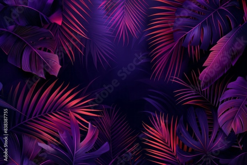 Atmospheric Jungle, Dark Background with Neon Palm Leaves, Purple and Red, Mysterious Style