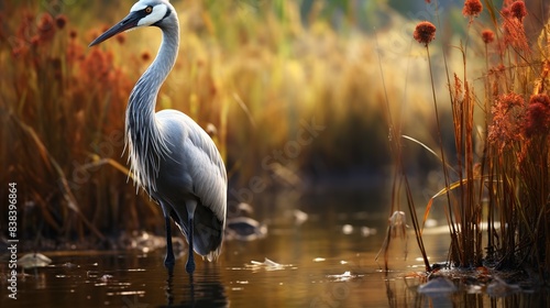 Elegant crane standing tall in a wetland habitat, surrounded by tall grasses 