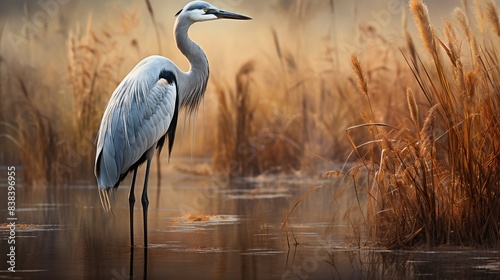 Elegant crane standing tall in a wetland habitat, surrounded by tall grasses 