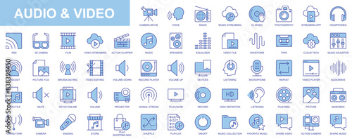 Audio and video web icons set in duotone outline stroke design. Pack pictograms with camera, movie, music, streaming, photography, headphones, cinema, action clapper, equalizer. Vector illustration.