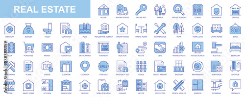 Real estate web icons set in duotone outline stroke design. Pack pictograms with house, moving, key, condo, insurance, garage, budget, pool, agent, rooms, maintenance, loan, rent. Vector illustration.