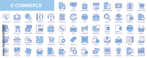 E-commerce web icons set in duotone outline stroke design. Pack pictograms with shopping, delivery, customers, online support, refund, sale, gift, banking, wish list, payment. Vector illustration.