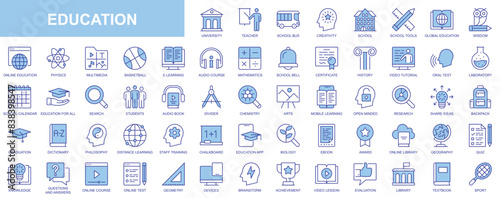 Education web icons set in duotone outline stroke design. Pack pictograms with university, teacher, school, creativity, wisdom, online course, e-learning, video tutorial, library. Vector illustration.