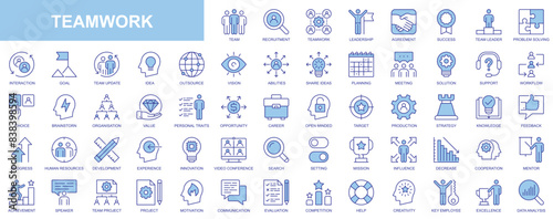 Teamwork web icons set in duotone outline stroke design. Pack pictograms with team, recruitment, leadership, agreement, success, problem solving, progress, goal, vision, planning. Vector illustration.