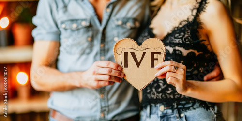 A couple holding a heart-shaped "IVF" sign, symbolizing the support in in vitro fertilization, representing love, hope, and teamwork in achieving parenthood through assisted reproduction.