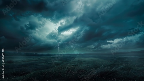 Dramatic thunderstorm rolling over a vast open field, with lightning illuminating the dark clouds. 8k, realistic, full ultra HD, high resolution and cinematic photography