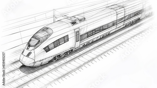 croquis noir et blanc d'une vue perspective d'un train à grande vitesse
