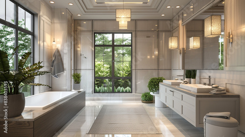 Sleek bathroom with coffered ceiling and pendant lighting