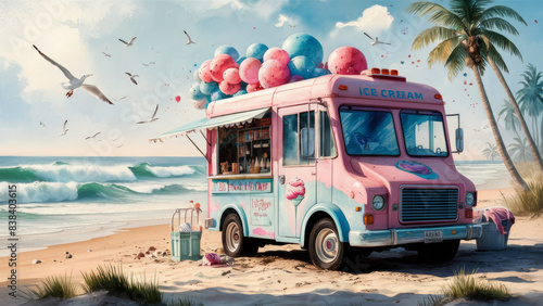 A cheerful ice cream van parked on a sandy beach, waves murmuring in the distance. A truck decorated with colorful balloons.