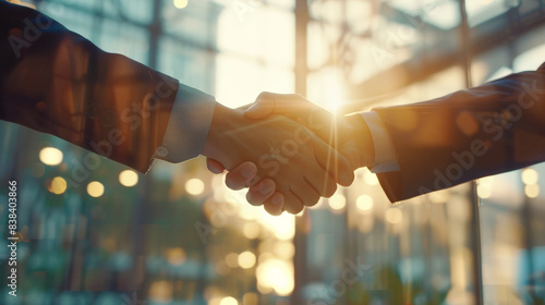 Close-up of a business handshake in a sunlit office environment, symbolizing partnership and agreement with a bright, professional ambiance. 