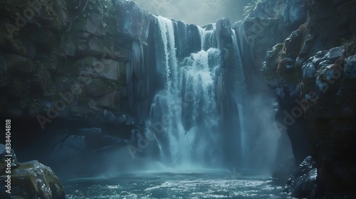 Majestic waterfall cascading down a rocky cliff into a serene pool below. 8k, realistic, full ultra HD, high resolution and cinematic photography