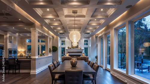 Sleek dining room with coffered ceiling and pendant lighting