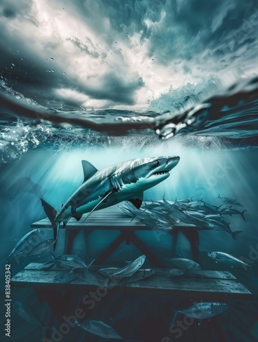Le requin en train de chasser dans un banc de sardine en plein ocÃ©an hyper realistic 