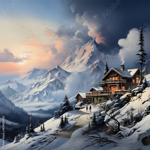 Mountain panorama with chalet and ski resort in the Alps