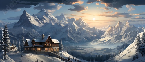 Mountain panorama with chalet in front of sunset.