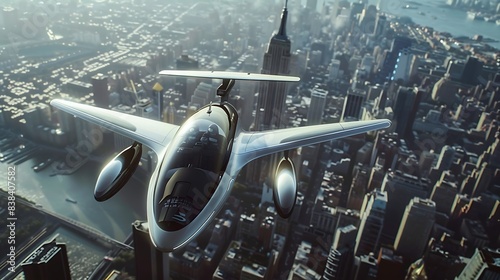 A highly advanced, sleek personal aircraft flying over a futuristic metropolis. 8k, realistic, full ultra HD, high resolution and cinematic photography