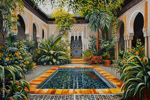 a courtyard with a fountain and potted plants, a painting of a courtyard with a fountain and potted plants, grand palace with intricate architecture and lush gardens