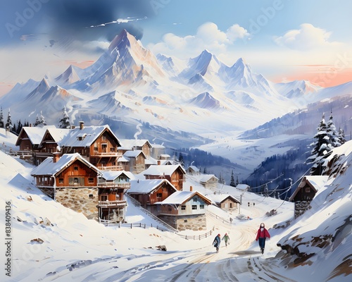 Panoramic view of a ski resort in the Alps at sunset