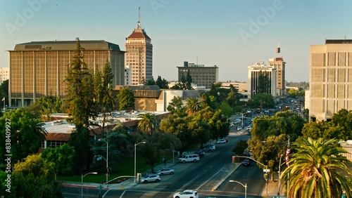 4K Ultra HD Drone Shot of Morning Sunlight on Downtown Buildings in Fresno, California