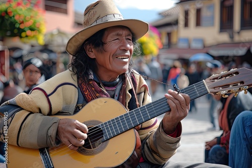 a man playing a guitar on a city street, a man playing a guitar on a city street, street musician playing in a lively square