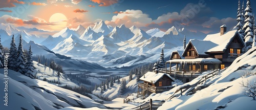 Beautiful winter panorama with alpine village and snow covered mountains