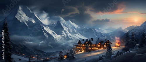 Beautiful winter panorama of the mountain village in the evening.