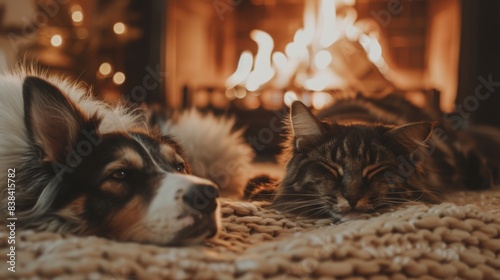 A dog and a cat are napping on a blanket in front of a fireplace, enjoying the warmth and cozy atmosphere.