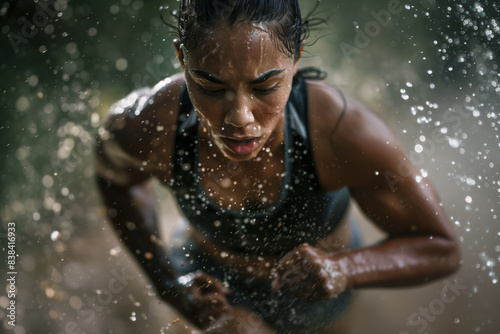 A close-up shot of a determined athlete sweating while performing an intense high-intensity interval training (HIIT) session. Concentrated expression to improve your metabolism.