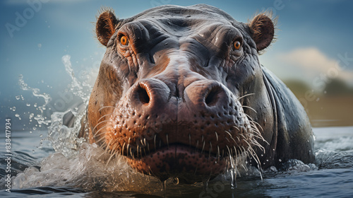 Close-up of a hippopotamus highlighting its submerged body and prominent features. The hippopotamus's wide mouth and detailed skin patterns are clearly visible
