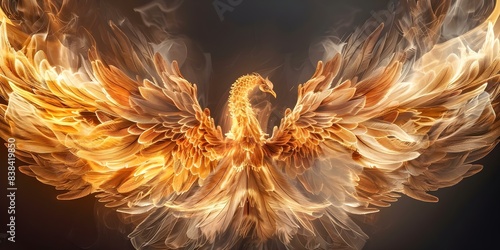 Phoenix symbolizes rebirth with burning wings and black background representing transformation. Concept Symbolism, Phoenix, Rebirth, Transformation, Mythology