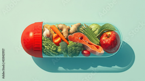 Dynamic Image of a Red Capsule Bursting with Nutritious Foods