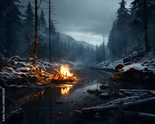 A bonfire in the middle of the forest in the winter.