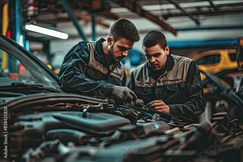 Concentrated mechanics working on car engine, two men working on a car in a garage, Mechanics at an auto repair shop expertly fixing and fine-tuning a vehicle