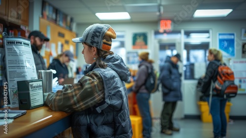 Busy Immigration Service Office Scene with Diverse Individuals Seeking Work Permits, Emphasizing Daytime Processing Activities