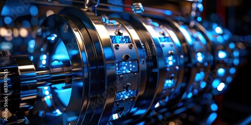 illustration of a modern slot machine reel illuminated by blue lights, showcasing intricate designs and reflective surfaces.