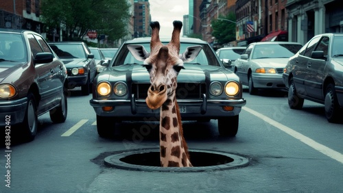 Promotional photo. The giraffe sticks its head and neck out of a small round hatch in the middle of the road, where there are many cars.