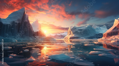 Icebergs floating in a polar sea under the midnight sun 