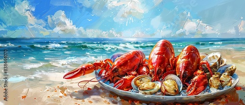 Luxurious seafood platter on the beach, coastal, digital painting, vibrant colors, high contrast 8K , high-resolution, ultra HD,up32K HD