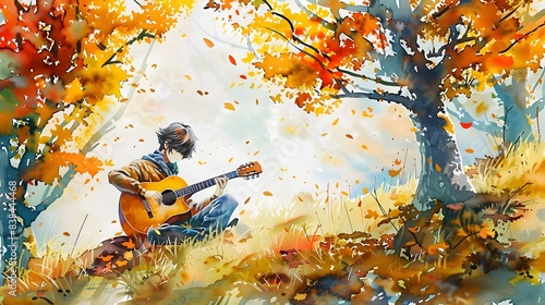 Guitarist Performing Outdoors Amidst Vibrant Autumn Foliage Scenery