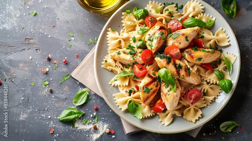 Farfalle with chicken breast pieces, food photography, 16:9