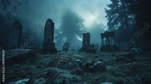 Haunted graveyard at night, with ancient tombstones, mist swirling around the ground, and ghostly figures appearing in the background, creating a chilling scene 